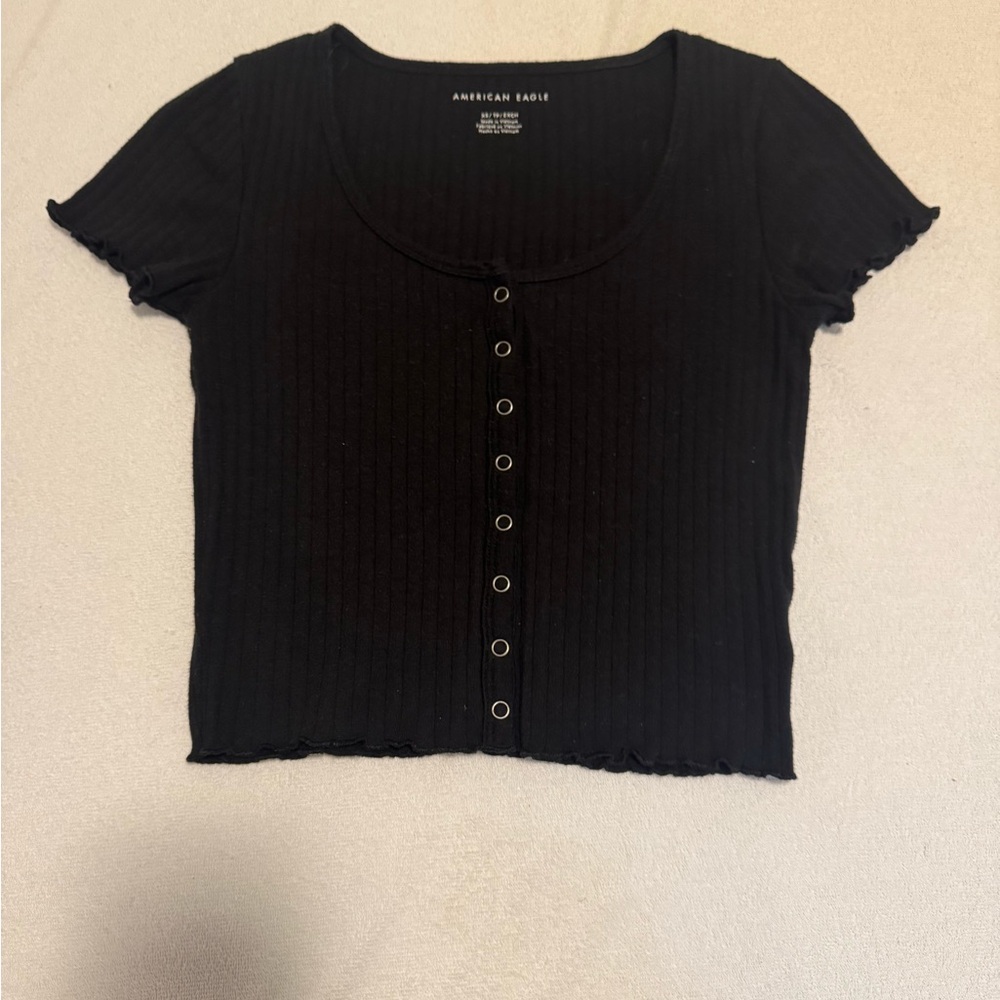 American Eagle Black Ribbed Button-Down Top